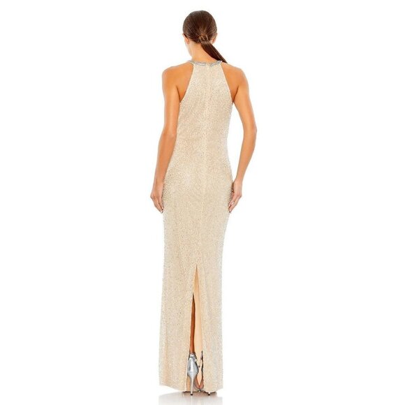 MAC DUGGAL Bugle Bead Halter Sheath Gown in Nude Silver Size US 8 - Picture 11 of 12
